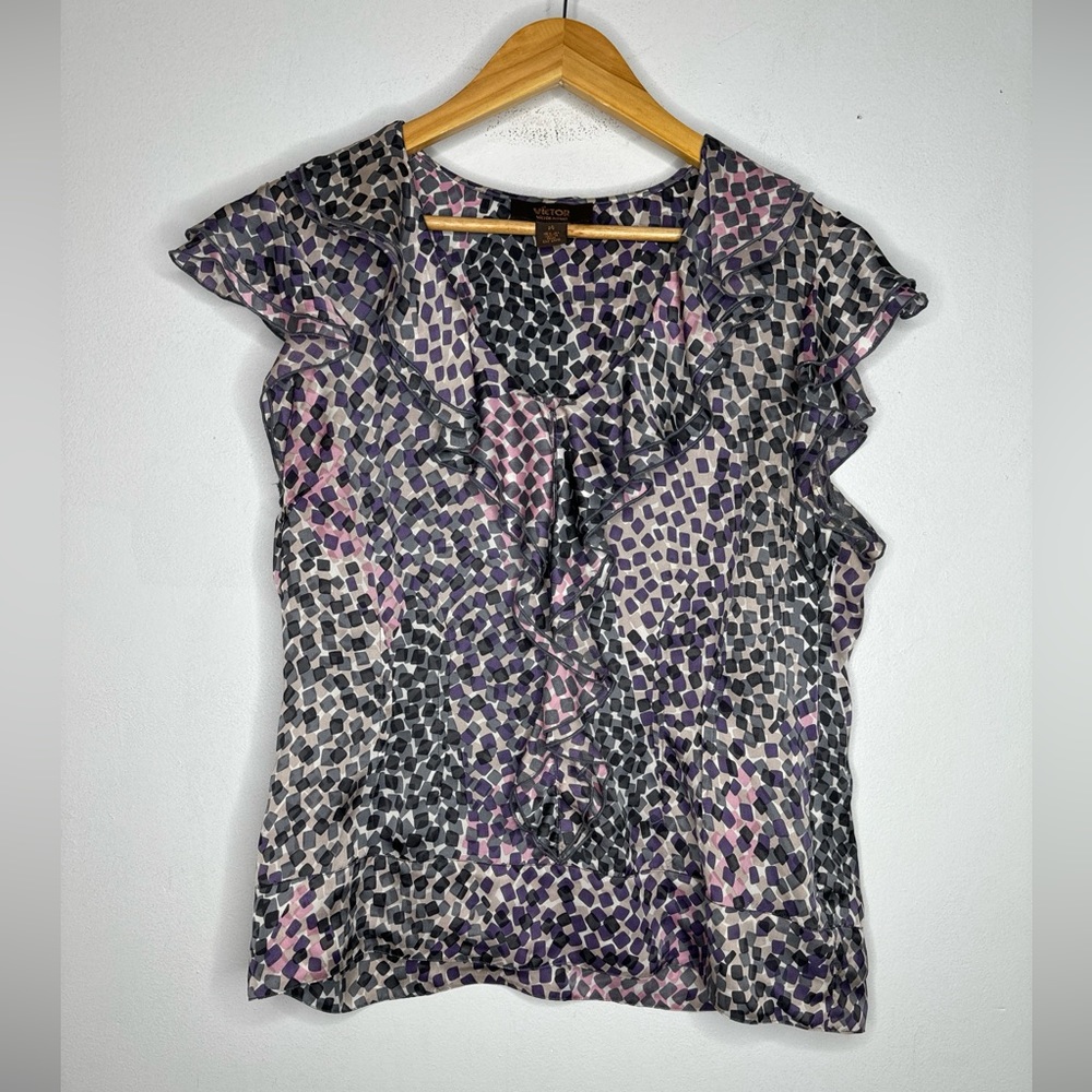 victor‎ alfaro 14 Ruffle Sleeveless Silk Blouse Purple Geometric
